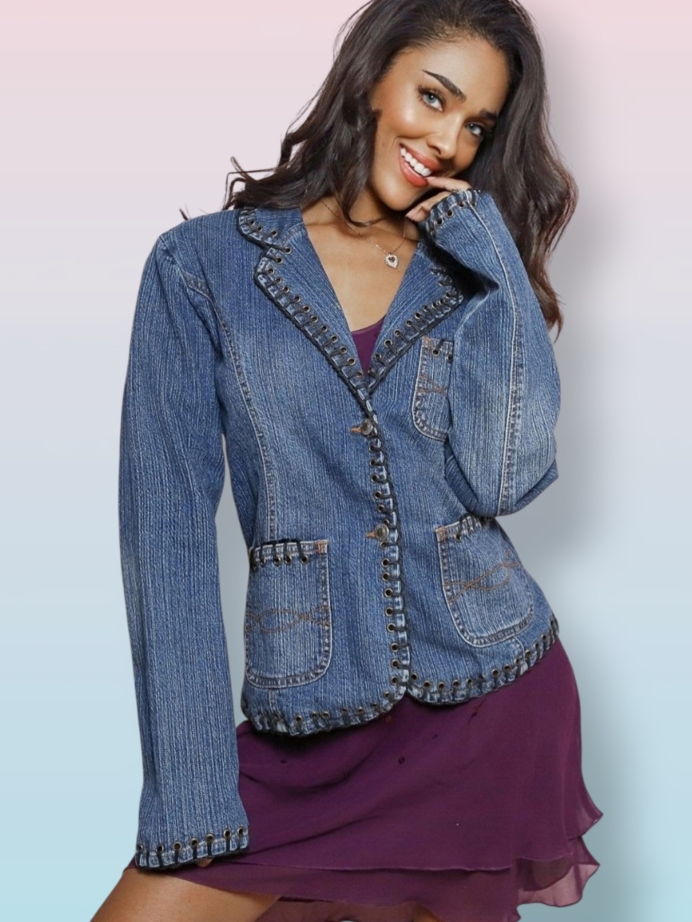 90s Dark Denim Streetwear Jean Jacket with Laced Grommet Trimming